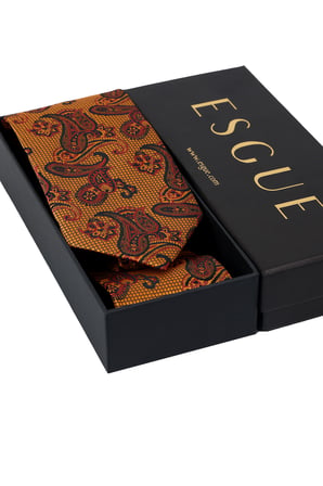 Esgue Hand Made 8 cm Şal Desen Hardal Sarı Siyah Renk Mendilli Kravat