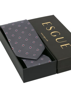 Esgue Hand Made 8 cm Kare Desen Gri Kırmızı Renk Mendilli Kravat
