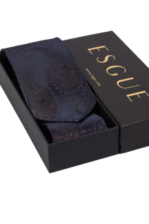 Esgue Hand Made 8 cm Büyük Şal Desen Kahve Lacivert Renk Mendilli Kravat