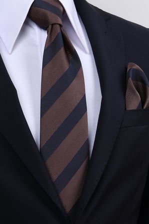 Esgue Hand Made 8 cm Çizgili Desen Kahve Lacivert Renk Mendilli Kravat