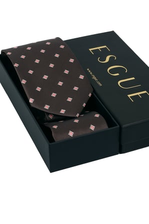 Esgue Hand Made 8 cm Kare Desen Kahve Pembe Renk Mendilli Kravat