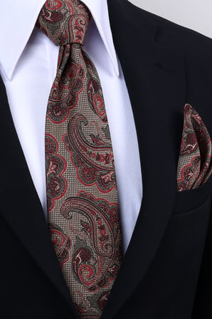 Esgue Hand Made 8 cm Şal Desen Kırmızı Bej Renk Mendilli Kravat