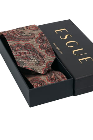 Esgue Hand Made 8 cm Şal Desen Kırmızı Bej Renk Mendilli Kravat