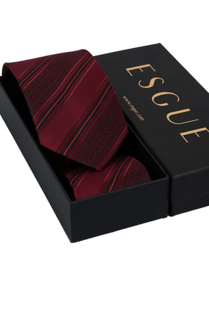 Esgue Hand Made 8 cm Çizgili Desen Kırmızı Bordo Renk Mendilli Kravat