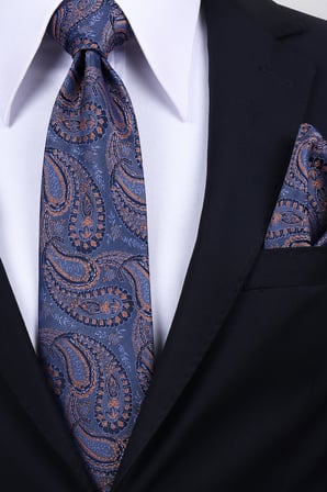 Esgue Hand Made 8 cm Büyük Şal Desen Lacivert Kiremit Renk Mendilli Kravat