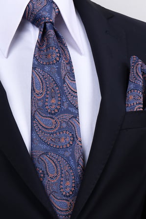 Esgue Hand Made 8 cm Büyük Şal Desen Lacivert Kiremit Renk Mendilli Kravat
