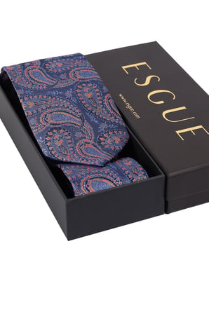 Esgue Hand Made 8 cm Büyük Şal Desen Lacivert Kiremit Renk Mendilli Kravat