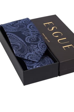 Esgue Hand Made 8 cm Büyük Şal Desen Lacivert Mavi Renk Mendilli Kravat