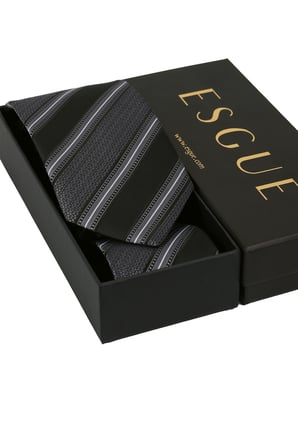 Esgue Hand Made 8 cm Çizgili Desen Siyah Gri Renk Mendilli Kravat
