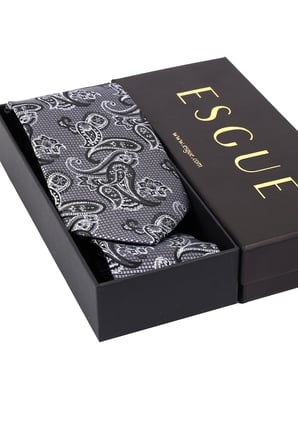Esgue Hand Made 8 cm Şal Desen Siyah Gri Renk Mendilli Kravat