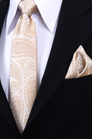 Esgue Hand Made 8 cm Şal Desen Şampanya Renk Mendilli Kravat