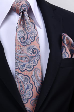 Esgue Hand Made 8 cm Şal Desen Somon Lacivert Renk Mendilli Kravat