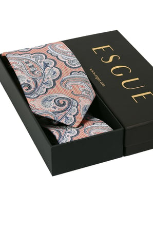 Esgue Hand Made 8 cm Şal Desen Somon Lacivert Renk Mendilli Kravat