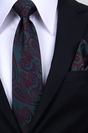 Esgue Hand Made 8 cm Büyük Şal Desen Yeşil Bordo Renk Mendilli Kravat