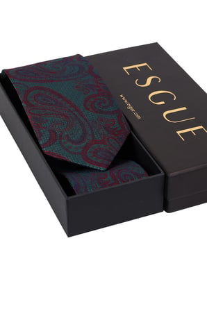 Esgue Hand Made 8 cm Büyük Şal Desen Yeşil Bordo Renk Mendilli Kravat