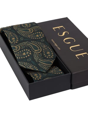 Esgue Hand Made 8 cm Büyük Şal Desen Yeşil Sarı Renk Mendilli Kravat