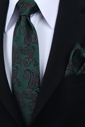 Esgue Hand Made 8 cm Şal Desen Yeşil Siyah Renk Mendilli Kravat
