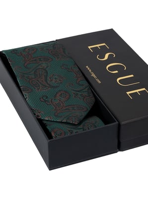 Esgue Hand Made 8 cm Şal Desen Yeşil Siyah Renk Mendilli Kravat