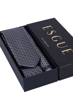 Esgue Hand Made 6 cm Kareli Desen Gri-Kırmızı Renk Mendilli Kravat