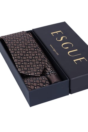 Esgue Hand Made 6 cm Geometrik Desen Kahve-Siyah Renk Mendilli Kravat