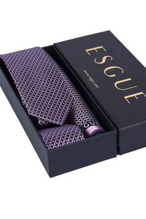 Esgue Hand Made 6 cm Geometrik Desen Lacivert-Pembe Renk Mendilli Kravat