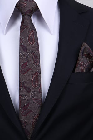 Esgue Hand Made 6 cm Şal Desen Kahve-Bordo Renk Mendilli Kravat