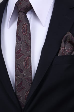 Esgue Hand Made 6 cm Şal Desen Kahve-Bordo Renk Mendilli Kravat