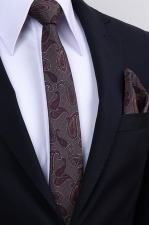 Esgue Hand Made 6 cm Şal Desen Kahve-Bordo Renk Mendilli Kravat