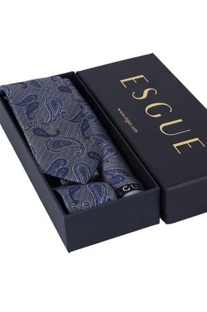 Esgue Hand Made 6 cm Şal Desen Gri-Mavi Renk Mendilli Kravat