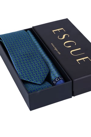 Esgue Hand Made 6 cm Geometrik Desen Mavi-Yeşil Renk Mendilli Kravat