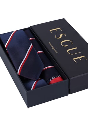 Esgue Hand Made 6 cm Çizgili Desen Jakarlı Lacivert-Kırmızı Renk Mendilli Kravat