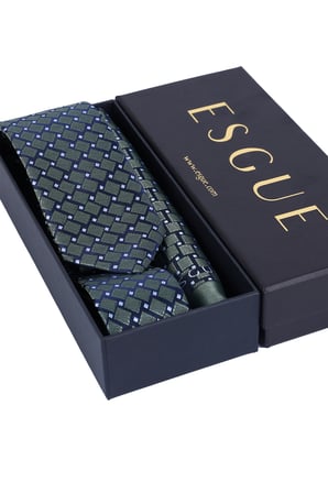 Esgue Hand Made 6 cm Kareli Desen Yeşil-Lacivert Renk Mendilli Kravat