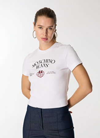 Moschino Jeans Yuvarlak Yaka Baskılı Beyaz Kadın T-Shirt A0703-1001