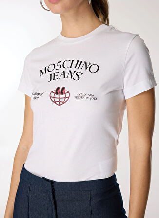 Moschino Jeans Yuvarlak Yaka Baskılı Beyaz Kadın T-Shirt A0703-1001