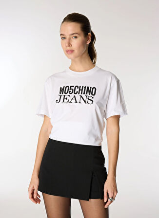 Moschino Jeans Yuvarlak Yaka Baskılı Beyaz Kadın T-Shirt A0702-4001