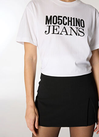 Moschino Jeans Yuvarlak Yaka Baskılı Beyaz Kadın T-Shirt A0702-4001