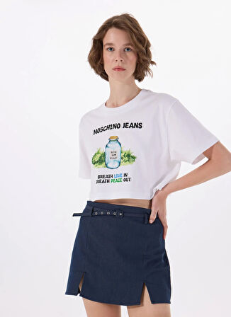 Moschino Jeans Bisiklet Yaka Beyaz Kadın T-Shirt 251K1A070632291001