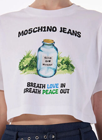 Moschino Jeans Bisiklet Yaka Beyaz Kadın T-Shirt 251K1A070632291001