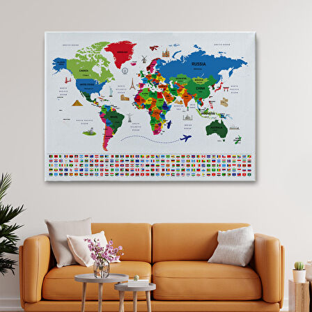 Harita Sepeti Dünya Haritası Ülke Bayraklı ve Başkentli Kanvas Tablo 1963