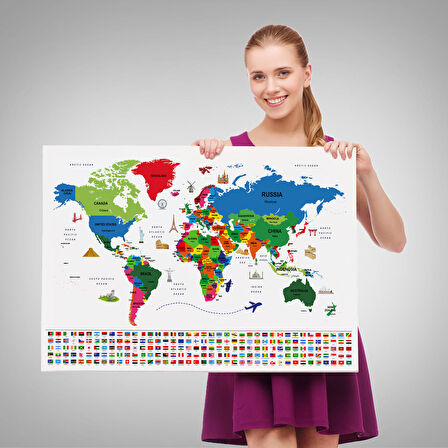 Harita Sepeti Dünya Haritası Ülke Bayraklı ve Başkentli Kanvas Tablo 1963