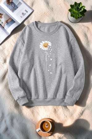 Unisex Flower Çiçek Baskılı Bisiklet Yaka Sweatshirt