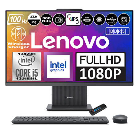 Lenovo Ideacentre Aıo 24IRH9 Intel Core I5-13420H Ddr5 64GB 512GB SSD Intel UHD Graphics 23.8 Fhd IPS Windows 11 Home Koyu Gri All In One Bilgisayar F0HN0057TRH14 + Zetta Flash Bellek