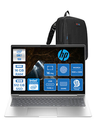 Hp Elitebook 660 G11 Intel Core Ultra 7 155U 16GB Ddr5 512GB SSD 16" Wuxga 300NITS IPS Freedos Taşınabilir Bilgisayar 9C004EAF01 + Zetta Çanta