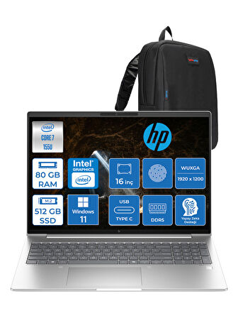 Hp Elitebook 660 G11 Intel Core Ultra 7 155U 80GB Ddr5 512GB SSD 16" Wuxga 300NITS IPS Windows 11 Home Taşınabilir Bilgisayar 9C004EAH26 + Zetta Çanta