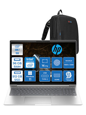 Hp Elitebook 660 G11 Intel Core Ultra 7 155U 96GB Ddr5 512GB SSD 16" Wuxga 300NITS IPS Windows 11 Home Taşınabilir Bilgisayar 9C004EAH31 + Zetta Çanta