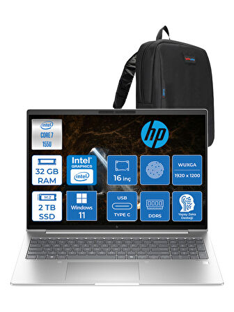 Hp Elitebook 660 G11 Intel Core Ultra 7 155U 32GB Ddr5 2tb SSD 16" Wuxga 300NITS IPS Windows 11 Pro Taşınabilir Bilgisayar 9C004EAP11 + Zetta Çanta