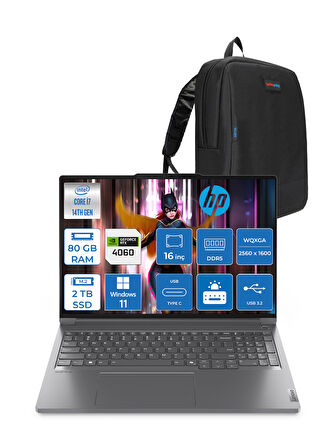 Lenovo Thinkbook 16P G5 Intel Core I7 14650HX 80GB Ddr5 2tb SSD RTX4060 8gb Windows 11 Pro 16" Wqxga (2560X1600) IPS 400NITS Taşınabilir Bilgisayar 21N50018TRP15 + Zetta Çanta