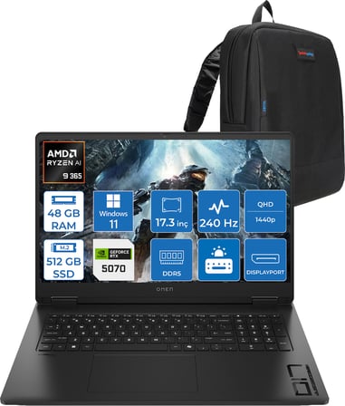 Hp Omen 17-DB1000NT Amd Ryzen Aı 9 365 48GB Ddr5 512GB SSD 8GB-RTX5070 Windows 11 Home 17.3" IPS 240HZ Qhd (2560 x 1440) 300NİT 3ms %100 Srgb Taşınabilir Bilgisayar BV7W3EAH25 + Zetta Çanta