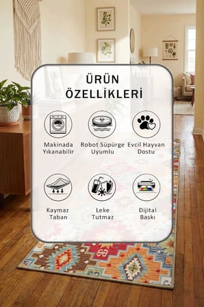Yörük Yıkanabilir Kaymaz Taban Dijital Baskılı Yolluk Halı Vizon