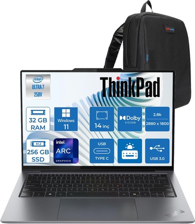 Lenovo Thinkpad X9-14 Gen 1 Aura Edition Intel Core Ultra 7 258V 32 GB 256GB SSD Windows 11 Pro 14'' 2.8k (2880 x 1800) OLED 500NITS Dokunmatik Dizüstü Bilgisayar X21QA0025TX01 + Zetta Çanta